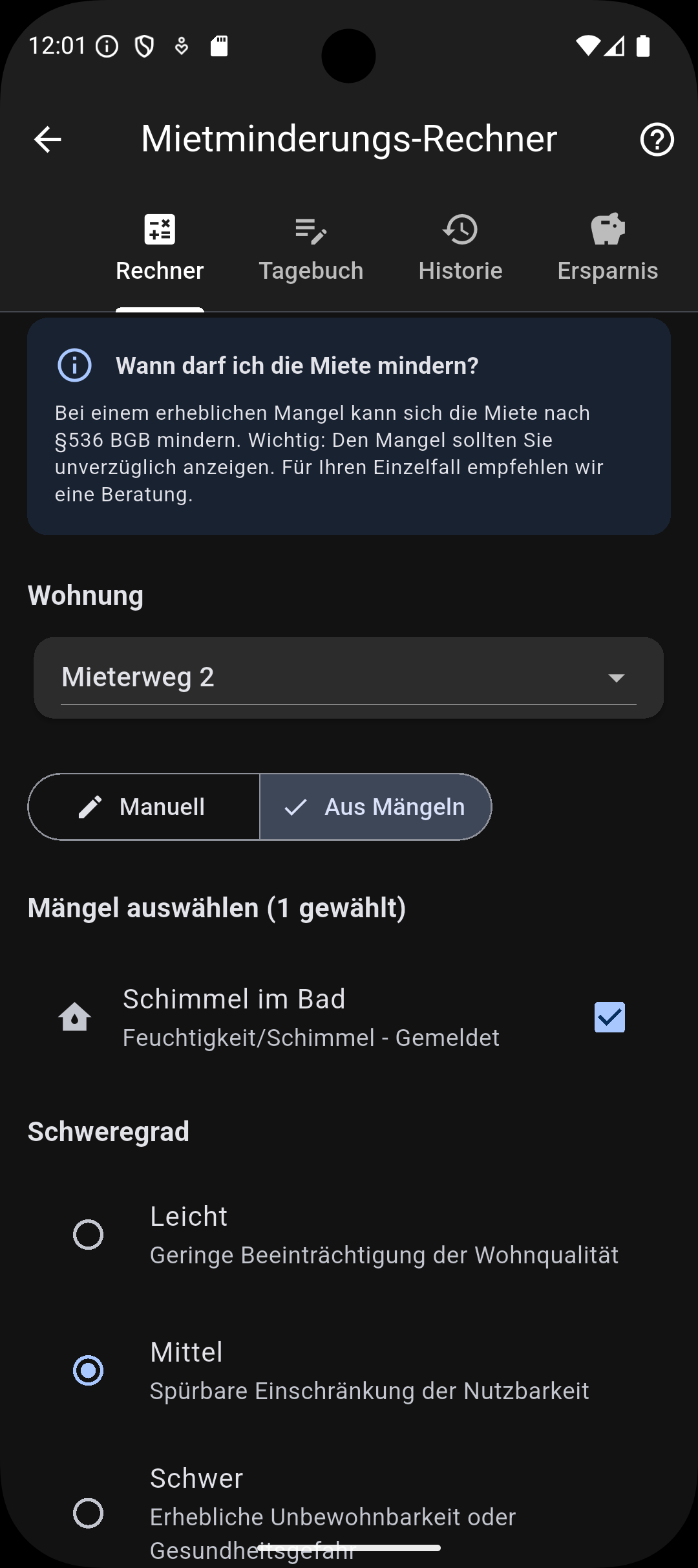 Mietminderungs-Rechner Screenshot 1